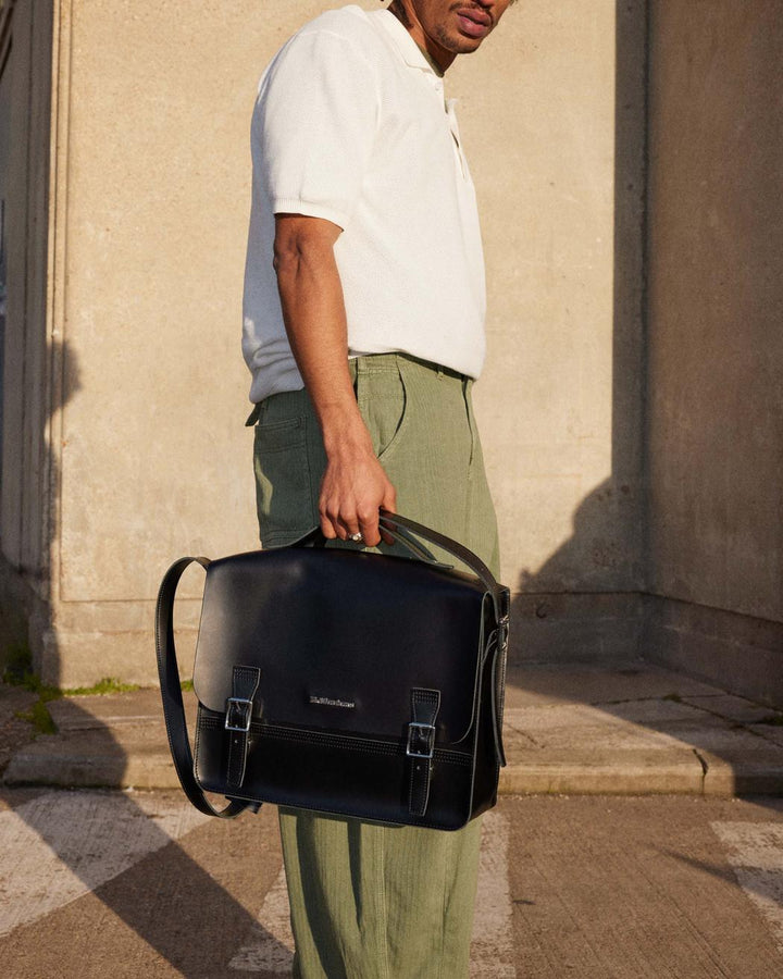 Martens Leather Box Crossbody Messenger Bag Black Smooth